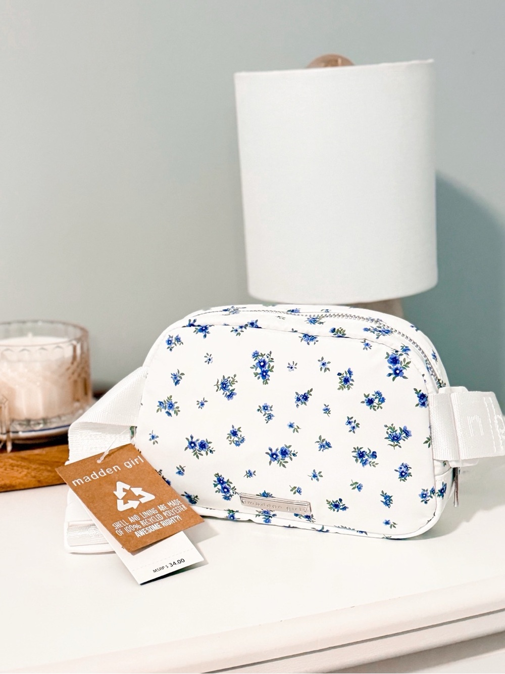 Madden Girl White Ditsy Floral Belt Bag Fanny Pack NWT Crossbody Blue Floral